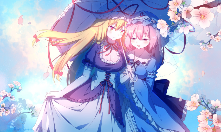 2girls arm_garter arm_grab artist_name baozishark blonde_hair blue_dress blue_hat blue_sky blush bow breasts chinese_commentary cleavage collarbone commentary_request corset dated day dress elbow_gloves eyebrows_visible_through_hair flower frilled_dress frilled_shirt_collar frills gloves hair_between_eyes hair_bow hat hat_ribbon highres holding holding_umbrella large_breasts long_hair long_sleeves looking_at_another medium_breasts mob_cap multiple_girls neck_ribbon open_mouth outdoors petals pink_eyes pink_flower pink_hair puffy_short_sleeves puffy_sleeves purple_dress red_bow red_neckwear red_ribbon ribbon saigyouji_yuyuko short_hair short_sleeves signature sky smile touhou triangular_headpiece umbrella very_long_hair white_gloves white_hat wide_sleeves yakumo_yukari yellow_eyes yuri