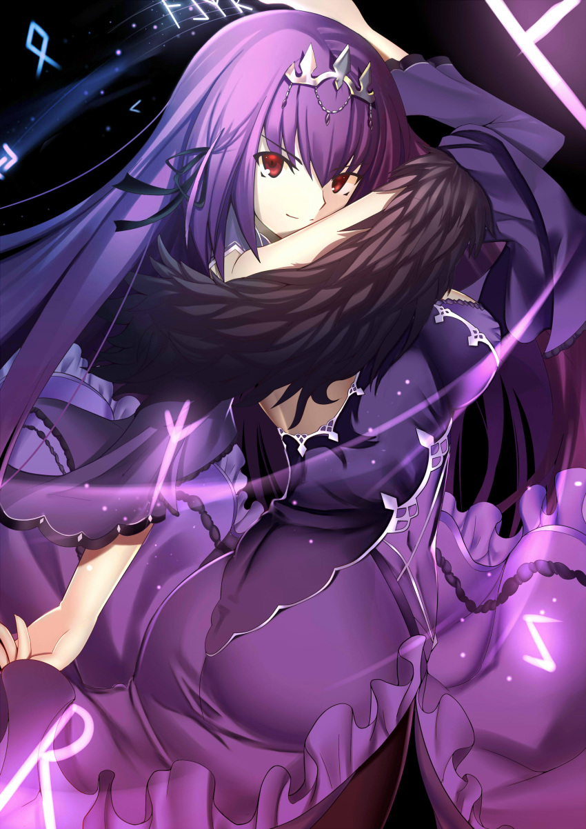 1girl absurdres arm_up ass back back_cutout bangs black_background black_ribbon breasts brown_legwear caster_(lostbelt) closed_mouth commentary_request cowboy_shot dress eyebrows_visible_through_hair fate/grand_order fate_(series) frilled_dress frills from_behind fur_collar fur_trim glowing hair_between_eyes hair_ribbon headpiece highres jewelry large_breasts light_particles light_trail long_dress long_hair long_sleeves looking_at_viewer looking_back pantyhose paperfinger purple_dress purple_hair red_eyes ribbon runes smile solo standing symbol tiara v-shaped_eyes wind wind_lift