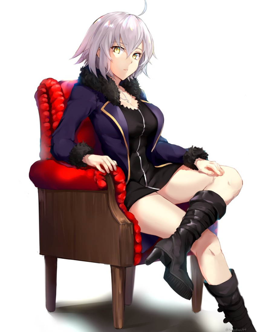 1girl ahoge armchair black_dress boots breasts chair cleavage dress eyebrows_visible_through_hair fate/grand_order fate_(series) full-length_zipper fur_collar fur_trim hair_between_eyes high_heel_boots high_heels highres jacket jeanne_d'arc_(alter)_(fate) jeanne_d'arc_(fate)_(all) kano_(kanokano44) large_breasts legs_crossed long_hair necktie pale_skin short_dress silver_hair sitting solo white_background yellow_eyes zipper