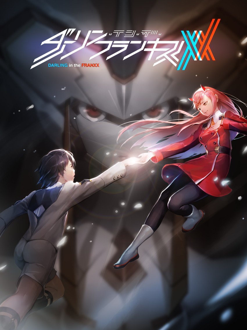 1boy 1girl absurdres black_hair black_legwear boots commentary_request couple darling_in_the_franxx floating floating_hair fringe hair_ornament hairband hand_holding hetero highres hiro_(darling_in_the_franxx) horns long_hair long_sleeves looking_at_another mecha military military_uniform necktie oni_horns orange_neckwear pantyhose pink_hair red_horns short_hair socks strelizia tlstjseh100 uniform white_footwear white_hairband zero_two_(darling_in_the_franxx)