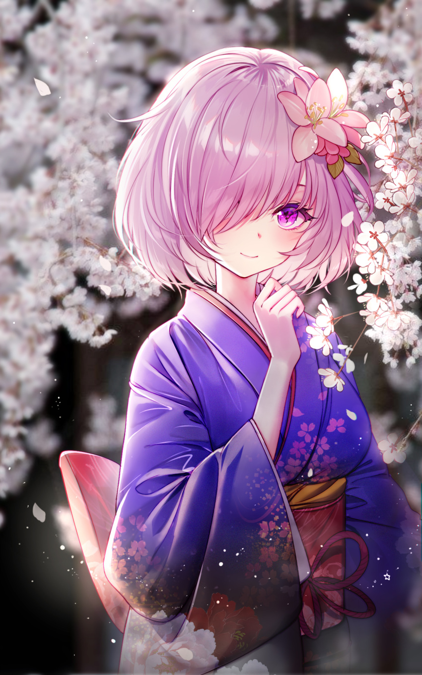 1girl absurdres back_bow baocaizi blue_kimono bow cherry_blossoms clenched_hand fate/grand_order fate_(series) floral_print flower hair_flower hair_ornament hair_over_one_eye hand_up highres japanese_clothes kimono lavender_hair long_sleeves looking_at_viewer mash_kyrielight obi petals pink_flower purple_hair sash short_hair smile solo upper_body violet_eyes white_flower wide_sleeves