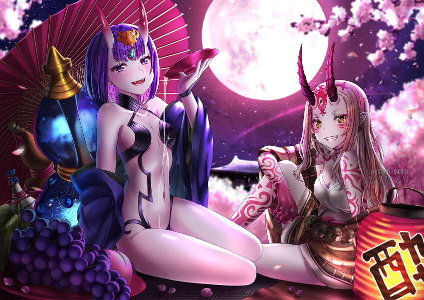 2girls :d artist_name bare_shoulders blonde_hair blurry blurry_background collarbone commentary_request cup depth_of_field earrings facial_mark fangs fate/grand_order fate_(series) flower food forehead_mark fruit full_body gourd grapes grin headpiece holding horns ibaraki_douji_(fate/grand_order) japanese_clothes jewelry kimono lantern long_hair looking_at_viewer multiple_girls navel night night_sky oni oni_horns open_clothes open_kimono open_mouth oriental_umbrella paper_lantern pink_flower pointy_ears pouring purple_hair purple_kimono red_umbrella revealing_clothes sakazuki saruei short_hair shuten_douji_(fate/grand_order) sitting sky smile star_(sky) starry_sky umbrella very_long_hair violet_eyes yellow_eyes