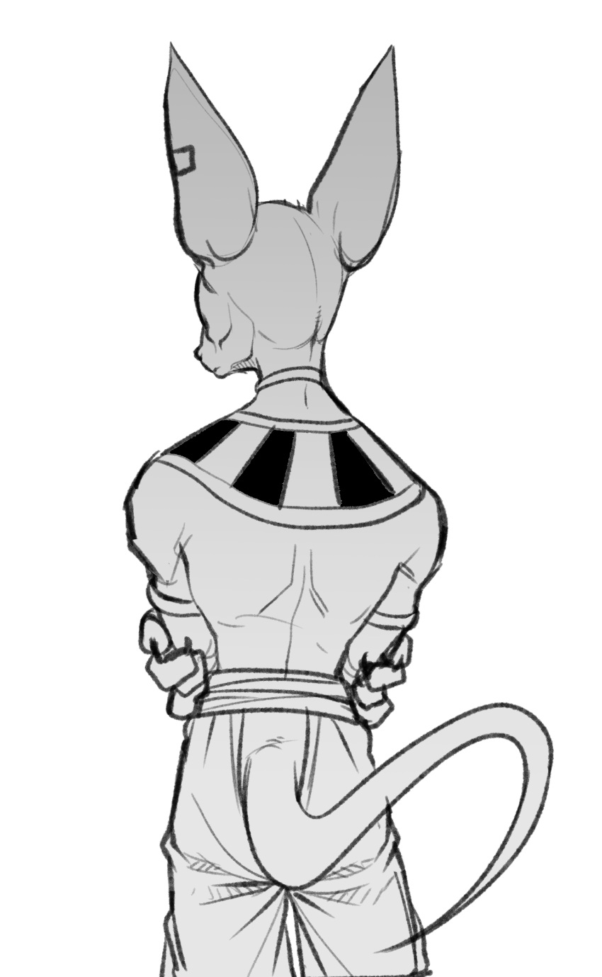 1boy back_turned beerus crossed_arms dragon_ball dragon_ball_super earrings expressionless greyscale highres jewelry male_focus monochrome pants serious simple_background tail umelim upper_body white_background