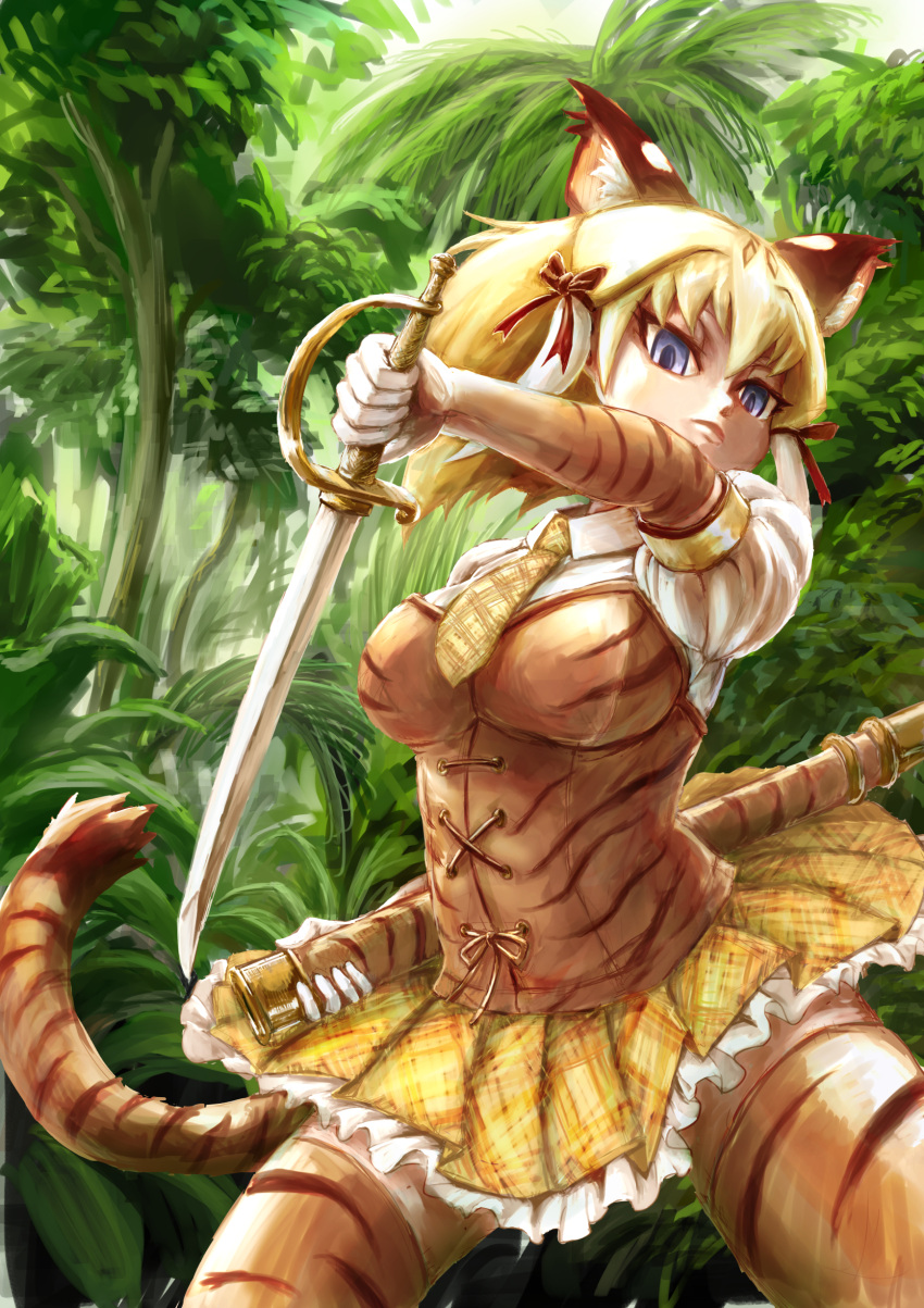 1girl absurdres animal_ears arm_up bangs blonde_hair blouse blue_eyes closed_mouth commentary_request corset cutlass_(sword) day elbow_gloves evyngr extra_ears fighting_stance floating_hair forest frilled_skirt frills gloves hair_between_eyes hair_ribbon highres holding holding_sheath holding_sword holding_weapon kemono_friends looking_at_viewer medium_hair miniskirt multicolored_hair nature necktie outdoors plaid_neckwear puffy_short_sleeves puffy_sleeves ribbon serious sheath short_sleeves skirt smilodon_(kemono_friends) solo standing sword tail thigh-highs tiger_ears tiger_tail tree tsurime unsheathed upper_body weapon white_blouse white_hair wing_collar zettai_ryouiki