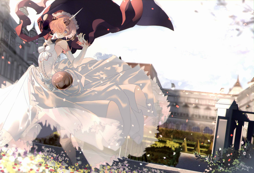 1girl armpits bare_shoulders blue_eyes bridal_veil bush cape dress elbow_gloves fate/apocrypha fate/grand_order fate_(series) flower frankenstein's_monster_(fate) frills garden gloves hair_ornament hair_over_eyes headgear hedge_(plant) horn milch3314 outdoors short_hair sky sleeveless sleeveless_dress veil victorian wedding_dress white_dress white_gloves