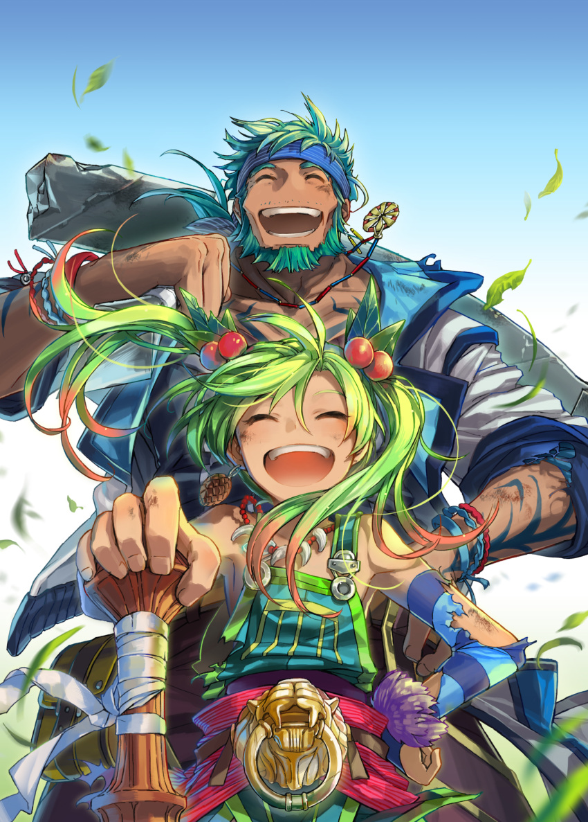 1boy 1girl absurdres aqua_hair beard blue_sky broken broken_weapon closed_eyes collarbone dark_skin day detached_sleeves facial_hair from_below gradient gradient_background green_hair hand_on_hilt hand_on_hip highres holding holding_weapon jewelry necklace official_art open_mouth overalls ricotta_(ys) sahad_(ys) sky smile standing striped_sleeves tattoo torn_clothes torn_sleeves twintails weapon ys ys_viii_lacrimosa_of_dana
