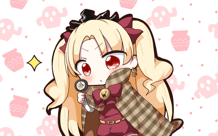 1girl absurdres bangs blonde_hair blush bow cactus cape closed_mouth commentary_request earrings ereshkigal_(fate/grand_order) eyebrows_visible_through_hair fate/grand_order fate_(series) hair_bow highres holding infinity jako_(jakoo21) jewelry long_hair long_sleeves magnifying_glass parted_bangs plaid plaid_cape pot red_bow red_eyes short_jumpsuit solo sparkle tiara two_side_up very_long_hair white_background