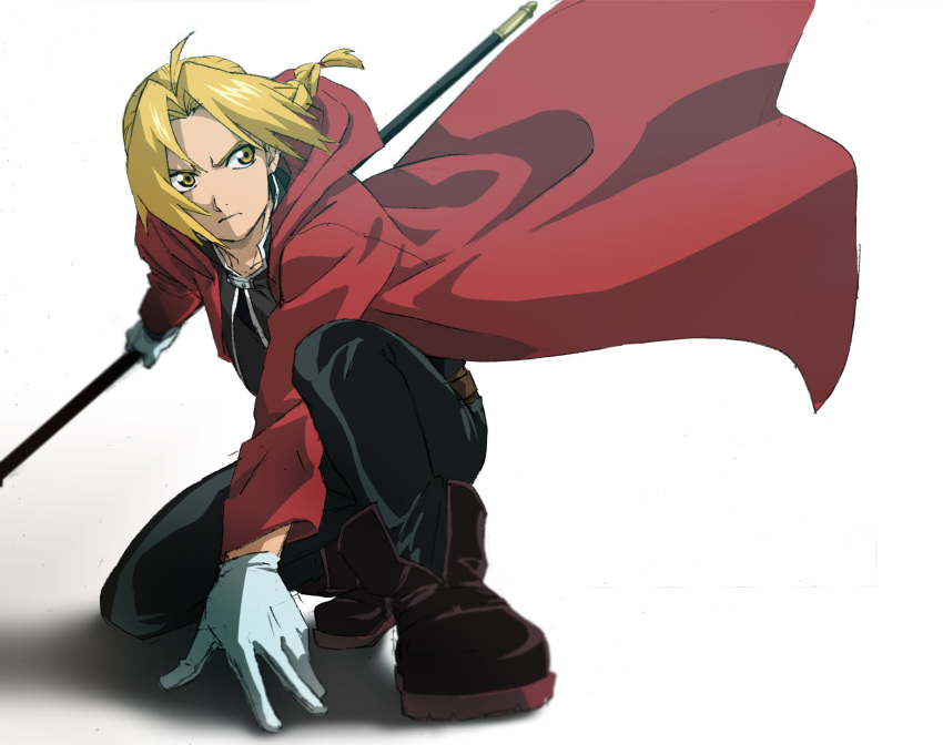 1boy antenna_hair blonde_hair boots braid coat edward_elric fighting_stance full_body fullmetal_alchemist gloves graphite_(medium) highres kneeling lance looking_away male_focus polearm red_coat serious shaded_face shadow simple_background traditional_media weapon white_background yellow_eyes