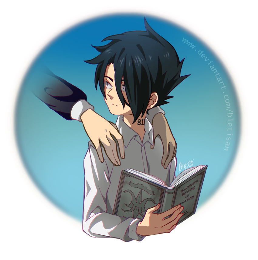 1boy artist_name black_eyes black_hair bletisan blue_background book hands hands_on_shoulders highres holding holding_book isabella_(yakusoku_no_neverland) long_sleeves looking_to_the_side messy_hair neck_tattoo open_book ray_(yakusoku_no_neverland) shirt simple_background tattoo upper_body watermark web_address white_shirt yakusoku_no_neverland