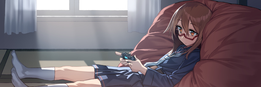 1girl belt black_sailor_collar black_serafuku black_shirt black_skirt blew_andwhite blue_neckwear brown_eyes brown_hair closed_mouth controller curtains cushion day dualshock eyebrows_visible_through_hair game_controller gamepad glasses hair_between_eyes holding indoors kantai_collection kneehighs long_hair long_sleeves lying medium_skirt mochizuki_(kantai_collection) neckerchief no_shoes on_back playing_games sailor_collar school_uniform semi-rimless_eyewear serafuku shirt skirt solo sunlight under-rim_eyewear white_legwear window