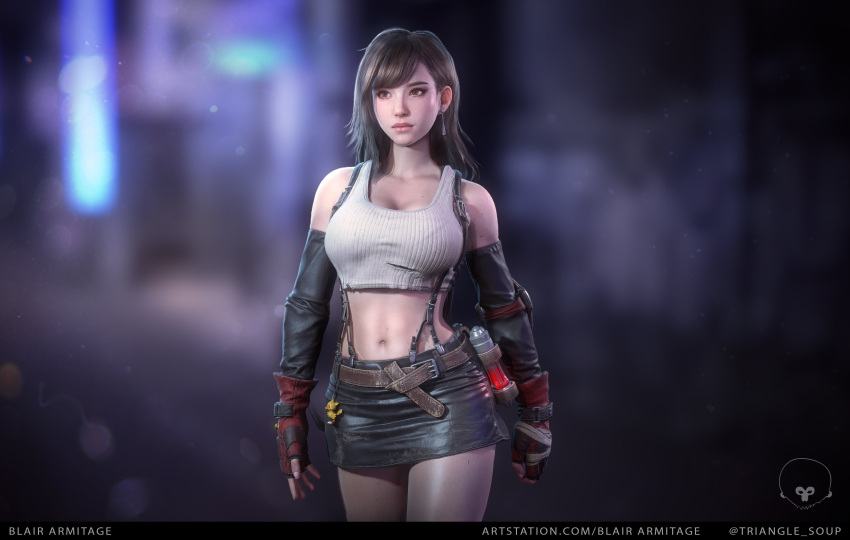 1girl 3d absurdres artist_name bangs bare_shoulders belt blair_armitage blurry blurry_background breasts brown_eyes brown_hair chocobo cleavage closed_mouth collarbone commentary_request dirty earrings elbow_gloves elbow_pads final_fantasy final_fantasy_vii fingerless_gloves gloves highres jewelry large_breasts lips long_hair midriff miniskirt navel shiny shiny_clothes skirt sleeveless solo tifa_lockhart