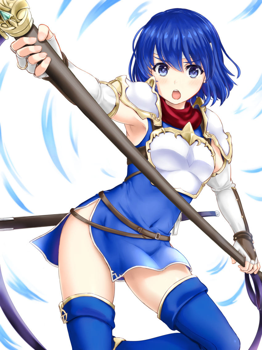 1girl :o armor armpits ass_visible_through_thighs bangs belt blue_eyes blue_hair blush breastplate covered_navel elbow_gloves eyebrows_visible_through_hair fingerless_gloves fire_emblem fire_emblem:_mystery_of_the_emblem gloves headband highres holding holding_weapon inanaki_shiki katua looking_at_viewer open_mouth pegasus_knight polearm scabbard sheath sheathed short_hair shoulder_armor side_slit solo sword sword_behind_back thigh-highs two-handed v-shaped_eyebrows weapon