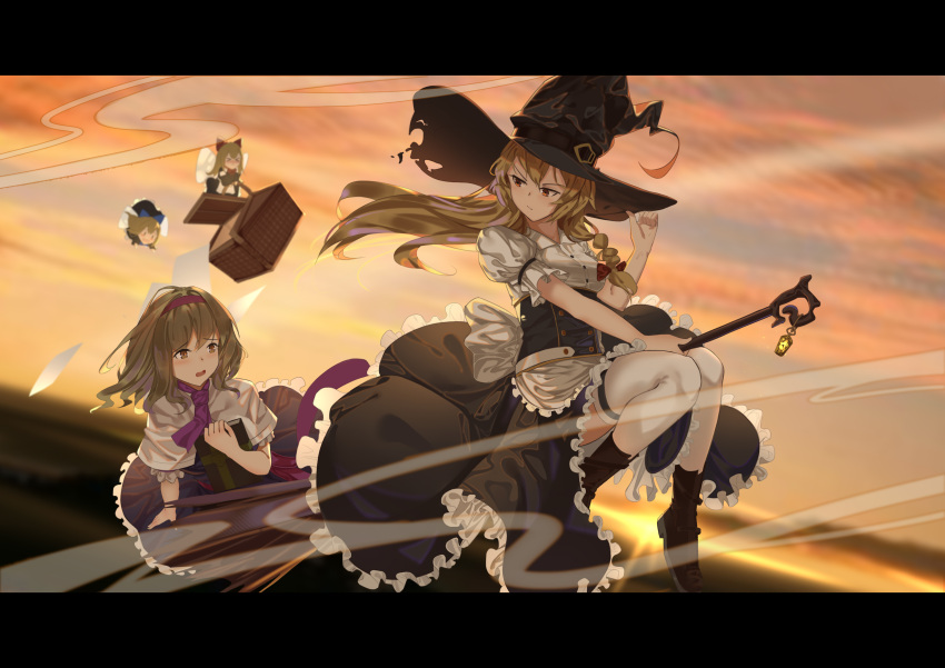 &gt;_&lt; 2girls absurdres alice_margatroid bangs basket black_skirt blonde_hair blouse blue_dress book boots broom broom_riding brown_eyes capelet dress dutch_angle eyebrows_visible_through_hair flying frilled_skirt frills frown hair_between_eyes hairband hand_on_headwear hat highres holding holding_basket holding_book horizon kirisame_marisa kray._(k-ray) lantern letterboxed long_hair looking_at_another looking_back multiple_girls open_mouth orange_eyes orange_sky outdoors picnic_basket puffy_short_sleeves puffy_sleeves shanghai_doll short_hair short_sleeves skirt sky smoke sunset thigh-highs touhou twilight underbust white_blouse white_legwear wings witch_hat |_|
