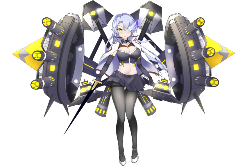 1girl absurdres alternate_costume alternate_eye_color alternate_hair_color azur_lane bangs black_gloves black_legwear black_skirt blue_fire breasts bustier cape cleavage collar crop_top dark_persona duke_of_york_(azur_lane) dutch_angle earrings elbow_gloves fengyue_jiang fire full_body gloves glowing glowing_eye halter_top halterneck highres holding holding_sword holding_weapon jewelry large_breasts light_blue_hair long_hair looking_at_viewer machinery midriff miniskirt navel pale_skin pantyhose parted_bangs pleated_skirt pointy_ears shoes simple_background skirt smile solo spiked_collar spikes standing sword thighband_pantyhose weapon white_background white_footwear yellow_eyes