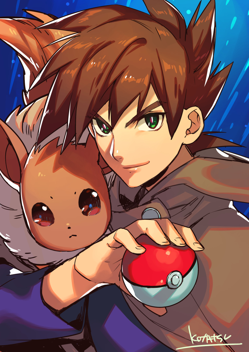 1boy blue_background bright_pupils brown_cape brown_hair closed_mouth eevee green_eyes highres holding holding_poke_ball kotatsu_(g-rough) long_sleeves looking_at_viewer mal male_focus ookido_shigeru poke_ball poke_ball_(generic) pokemon signature smile solo upper_body