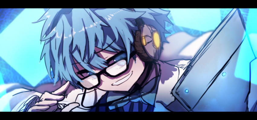 1boy absurdres bangs black-framed_eyewear blue_eyes blue_hair blue_neckwear bow bowtie commentary_request eyebrows_visible_through_hair fate/extra fate/extra_ccc fate_(series) glasses glowing grin hair_between_eyes hans_christian_andersen_(fate) headphones highres labcoat long_sleeves looking_at_viewer male_focus protected_link smile solo striped vertical_stripes wada_kazu
