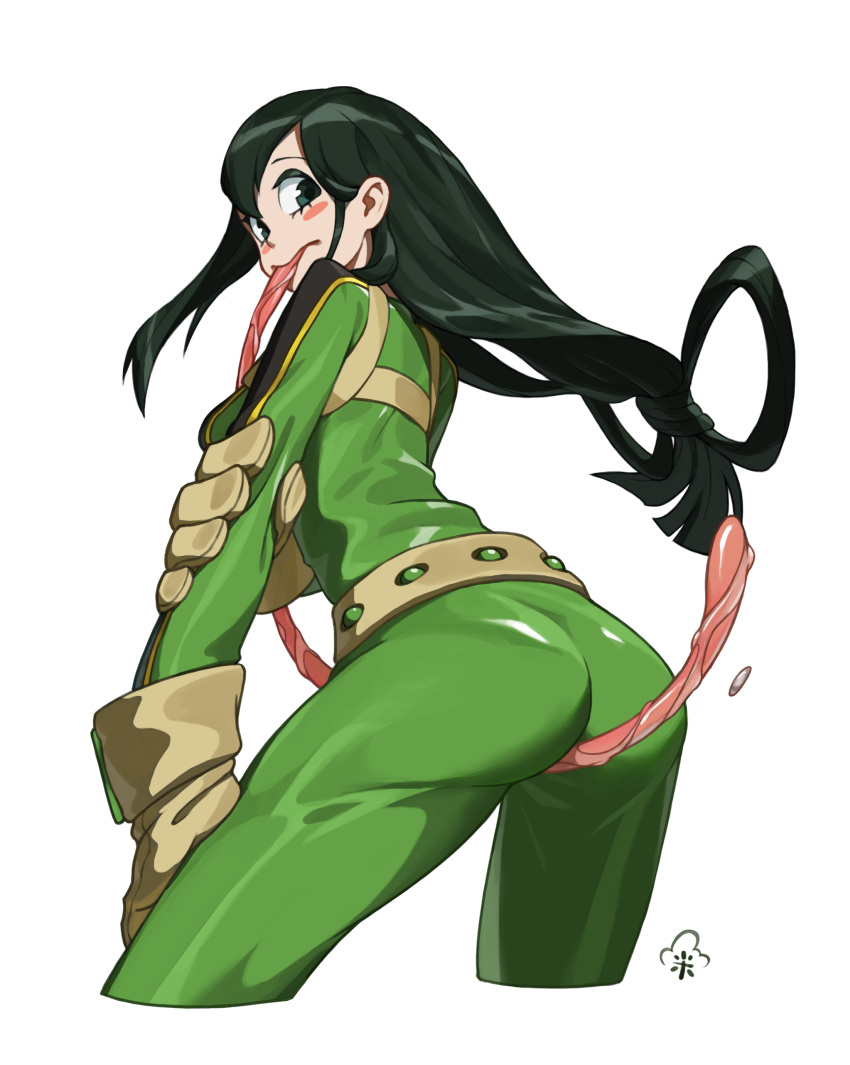 1girl absurdres ass asui_tsuyu blush_stickers bodysuit boku_no_hero_academia chen_zhang from_behind gloves green_bodysuit green_eyes green_hair highres long_hair long_tongue looking_back low-tied_long_hair simple_background solo tongue very_long_hair very_long_tongue white_background