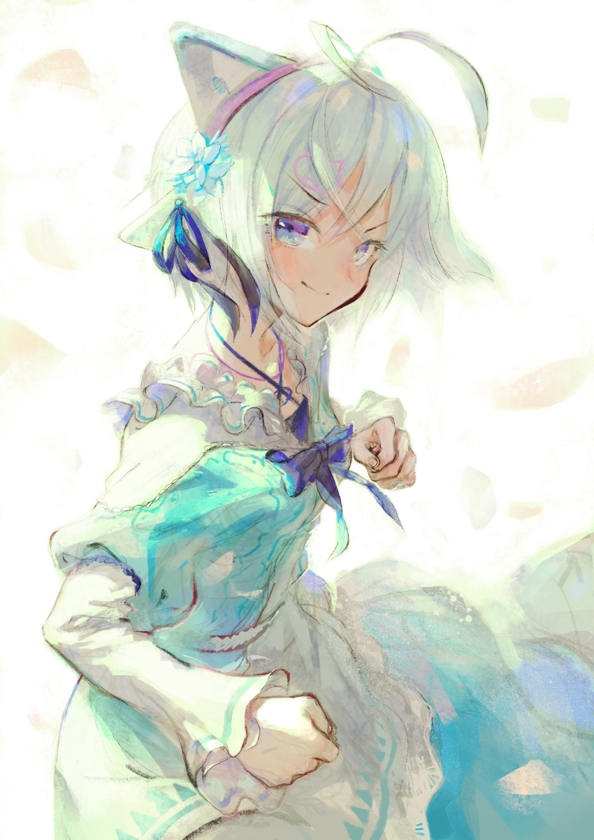&gt;:) 1girl absurdres animal_ears antenna_hair bangs blue_dress blue_flower blue_ribbon closed_mouth dennou_shoujo_youtuber_shiro dress eyebrows_visible_through_hair fingernails flower hair_between_eyes hair_flower hair_ornament hair_ribbon hairband highres long_sleeves looking_at_viewer pink_hairband puffy_short_sleeves puffy_sleeves ribbon shiro_(dennou_shoujo_youtuber_shiro) short_over_long_sleeves short_sleeves silver_hair sketch smile solo tentsuu_(tentwo) v-shaped_eyebrows violet_eyes virtual_youtuber