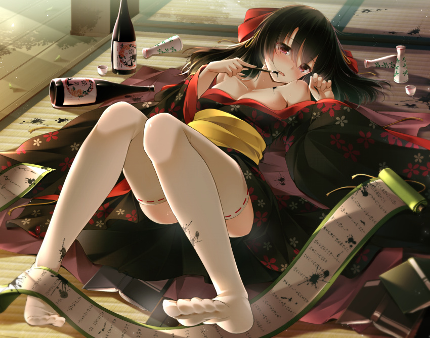 1girl bangs bare_shoulders black_hair black_kimono blush book bottle bow breasts calligraphy_brush cherry_blossom_print choko_(cup) collarbone commentary_request cup eyebrows_visible_through_hair floral_print hair_between_eyes hair_bow hands_up head_tilt highres holding holding_paintbrush ink_on_face japanese_clothes kimono long_hair long_sleeves looking_at_viewer lying medium_breasts no_shoes obi on_back original paintbrush parted_lips print_kimono red_bow ribbon-trimmed_legwear ribbon_trim sake_bottle sash solo sweat tatami thigh-highs tokkuri toyosaki_shu violet_eyes white_legwear wide_sleeves