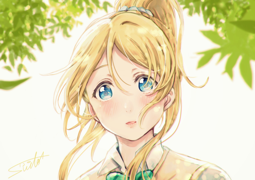 1girl ayase_eli blonde_hair blue_eyes blush bow bowtie collared_shirt green_neckwear hair_between_eyes leaf looking_at_viewer love_live! love_live!_school_idol_project otonokizaka_school_uniform parted_lips ponytail portrait scrunchie shirt sidelocks signature solo suito sweater_vest white_scrunchie