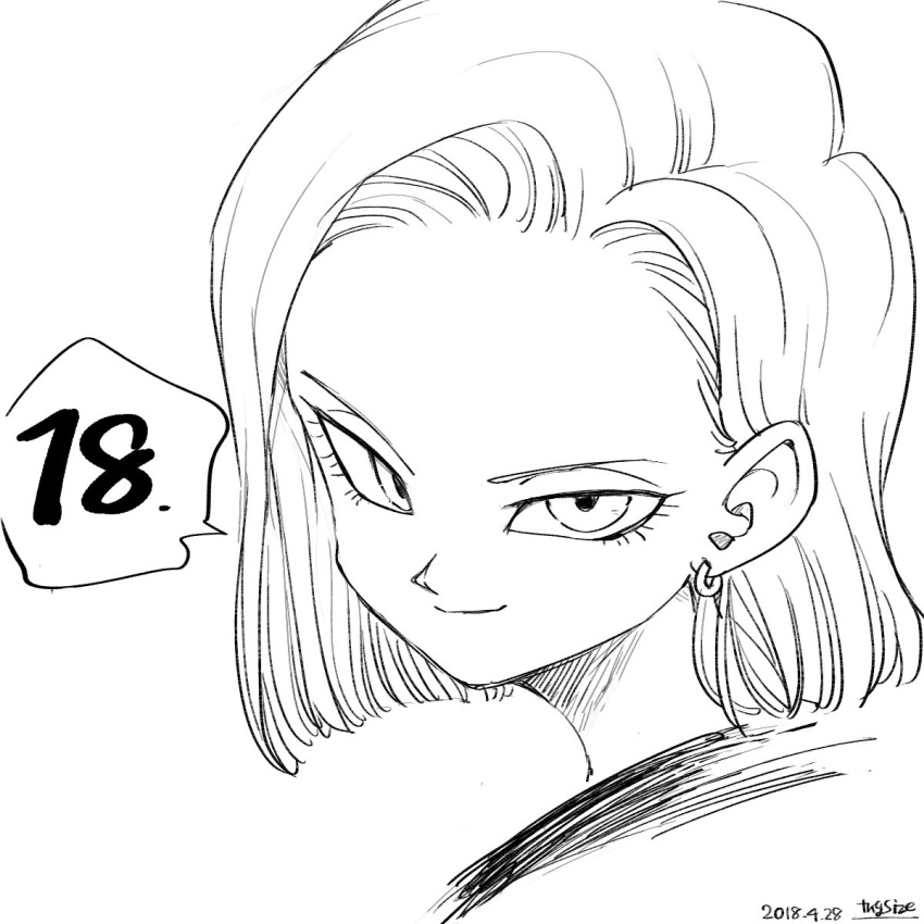 1girl 2018 android_18 character_name close-up commentary dated dragon_ball dragonball_z earrings english_commentary eyelashes face highres jewelry looking_at_viewer monochrome number short_hair simple_background smile solo_focus speech_bubble tkgsize twitter_username upper_body white_background