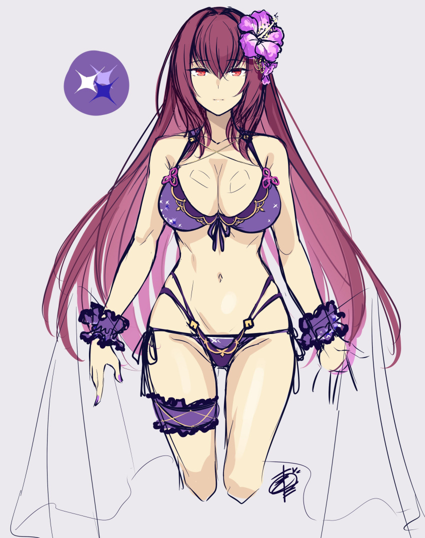 1girl absurdres bare_shoulders bikini bracelet breasts commentary_request fate/grand_order fate_(series) flower frills front-tie_top hair_flower hair_ornament halterneck highres jewelry large_breasts leg_garter nail_polish navel okitakung purple_bikini purple_hair red_eyes scathach_(fate/grand_order) scathach_(swimsuit_assassin)_(fate) side-tie_bikini swimsuit thigh_strap