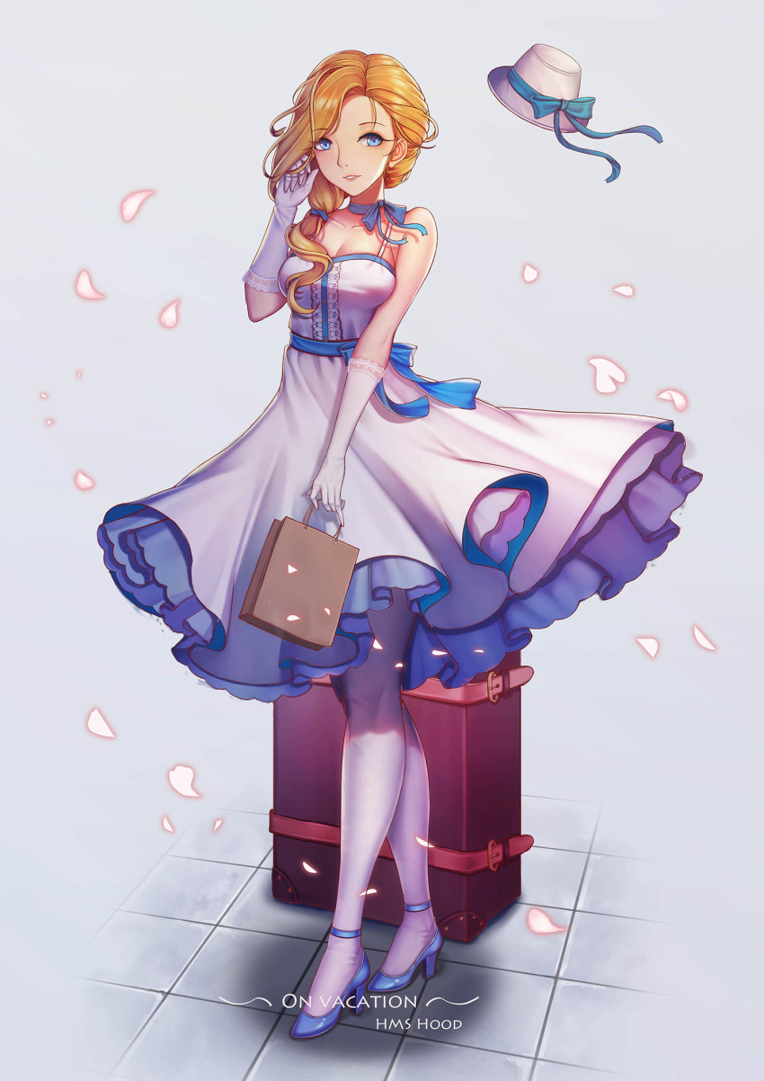 1girl adjusting_hair azur_lane bag blonde_hair blue_eyes breasts character_name cherry_blossoms cleavage commentary_request dress english gloves hair_over_shoulder handbag hat hat_removed headwear_removed high_heels highres hood_(azur_lane) j_junz large_breasts light_smile long_hair looking_at_viewer luggage neck_ribbon pantyhose petals ribbon solo suitcase white_dress white_gloves