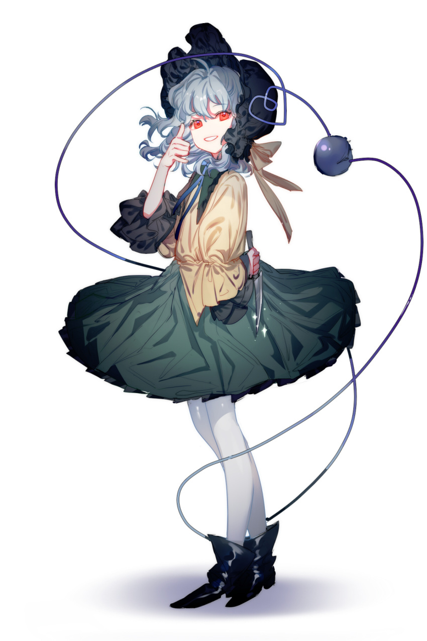 1girl :d black_footwear black_hat blouse boots bow commentary_request eyebrows_visible_through_hair frilled_sleeves frills full_body green_skirt grin hat hat_bow heart heart_of_string highres holding holding_weapon knife komeiji_koishi long_sleeves looking_at_viewer no_nose open_mouth pantyhose red_eyes ribbon shadow skirt smile solo standing third_eye tian_(my_dear) touhou weapon white_background white_legwear