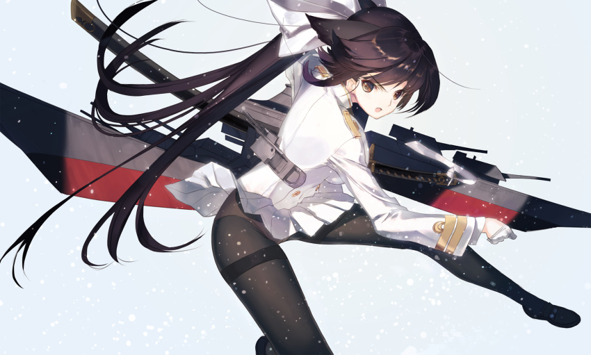 1girl azur_lane bangs black_hair bow brown_eyes buttons commentary_request detached_sleeves eyebrows_visible_through_hair gloves hair_bow highres katana loafers long_hair long_sleeves looking_at_viewer machinery military military_uniform nakamura_takeshi open_mouth panties panties_under_pantyhose pantyhose pleated_skirt ponytail sheath sheathed shiny shiny_hair shoes simple_background skirt snow solo sword takao_(azur_lane) turret underwear uniform weapon white_bow white_gloves