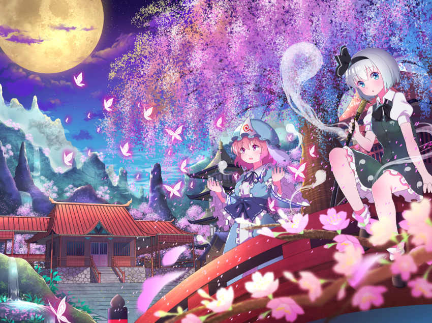 2girls architecture black_bow black_footwear blue_eyes blue_hat blue_kimono blurry blush bow bridge bug building butterfly buttons cherry_blossoms clouds depth_of_field east_asian_architecture eyebrows_visible_through_hair flower full_moon glowing_butterfly green_vest hair_between_eyes hairband hakugyokurou hat hitodama holding holding_sheath insect japanese_clothes kimono konpaku_youmu konpaku_youmu_(ghost) lips looking_at_viewer moon mountain multiple_girls obi pagoda parted_lips petals pink_eyes pink_hair puffy_short_sleeves puffy_sleeves ribbon-trimmed_sleeves ribbon_trim saigyouji_yuyuko sash sheath sheathed short_hair short_sleeves silver_hair sitting skirt skirt_set socks stairs touhou tree triangular_headpiece vest water waterfall white_legwear wide_sleeves wing_collar yuujin_(mhhnp306)