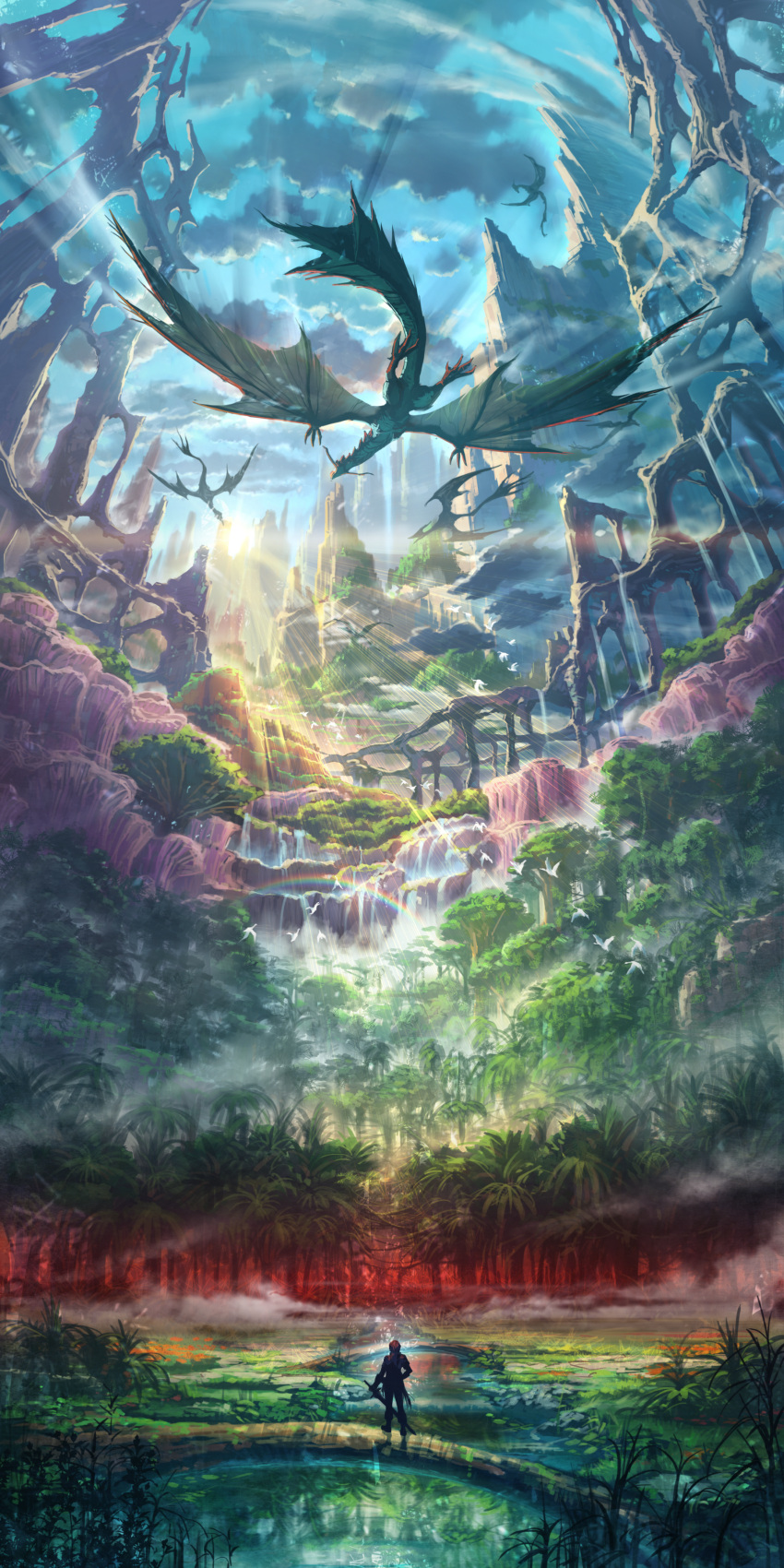 1boy absurdres adol_christin blue_sky clouds day dragon forest from_behind highres nature official_art outdoors rainbow scenery sky solo standing sunlight water waterfall ys ys_viii_lacrimosa_of_dana
