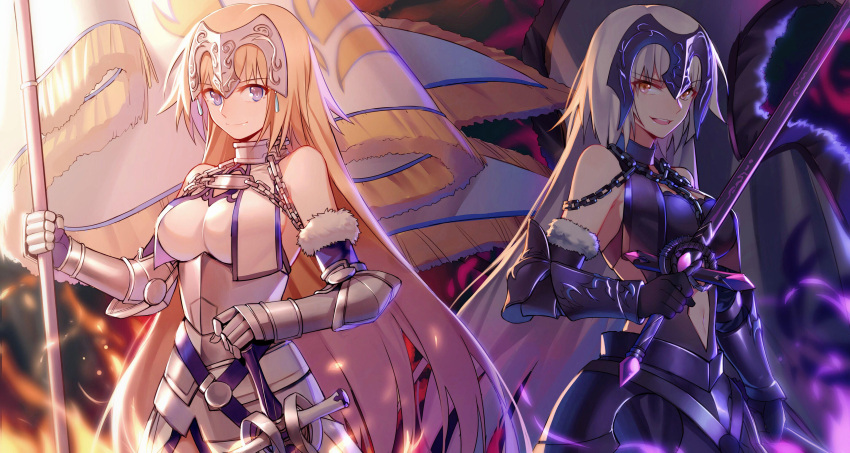 2girls :d absurdres armor armored_dress bangs black_dress black_gloves blonde_hair brown_eyes closed_mouth dress elbow_gloves eyebrows_visible_through_hair fate/apocrypha fate/grand_order fate_(series) flag fur-trimmed_gloves fur_trim gauntlets gloves hair_between_eyes hair_down headpiece highres holding holding_flag holding_sword holding_weapon jeanne_d'arc_(alter)_(fate) jeanne_d'arc_(fate) jeanne_d'arc_(fate)_(all) long_hair multiple_girls open_mouth silver_hair smile standard_bearer sword upper_teeth very_long_hair violet_eyes weapon white_dress yorukun