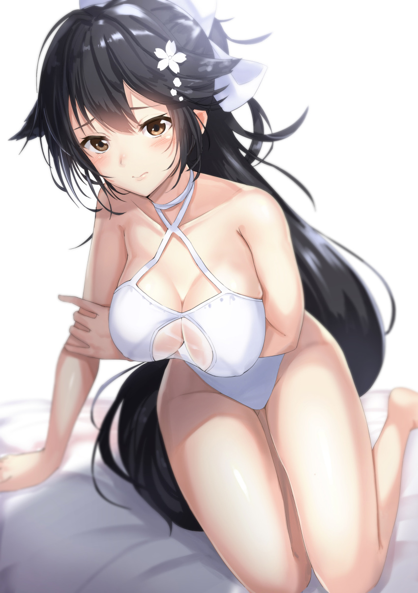 1girl absurdres alternate_costume arm_across_waist arm_support azur_lane bangs bare_arms bare_legs black_hair blush bow breasts brown_eyes casual_one-piece_swimsuit cleavage closed_mouth collarbone groin hair_between_eyes hair_bow hand_on_own_arm highres large_breasts long_hair looking_at_viewer noboriya one-piece_swimsuit ponytail sidelocks sitting solo swimsuit takao_(azur_lane) thighs very_long_hair white_bow white_swimsuit