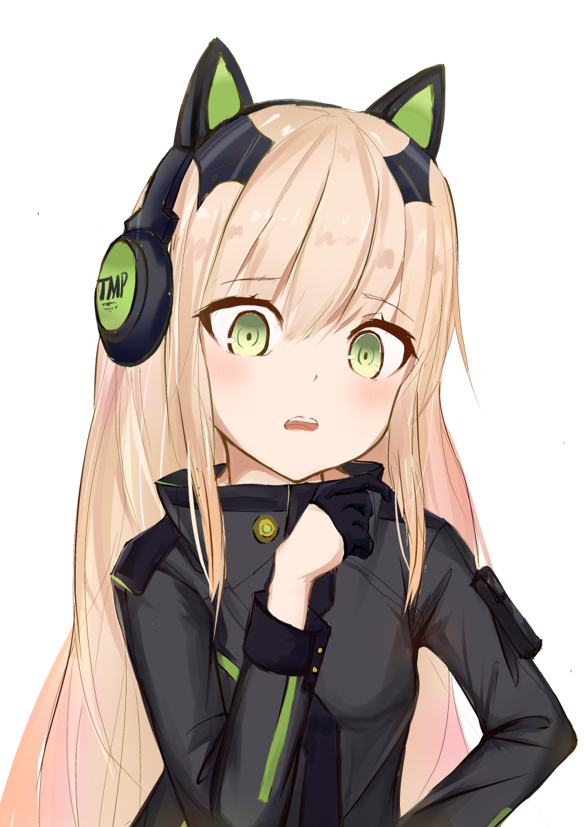 1girl absurdres animal_ears bangs blonde_hair blush cat_ear_headphones cat_ears cat_tail coat eyebrows_visible_through_hair girls_frontline gloves green_eyes hair_between_eyes half_gloves hand_on_hip hand_up headphones highres long_hair looking_at_viewer melody-05 open_mouth sidelocks simple_background solo tail tmp_(girls_frontline) very_long_hair white_background yandere