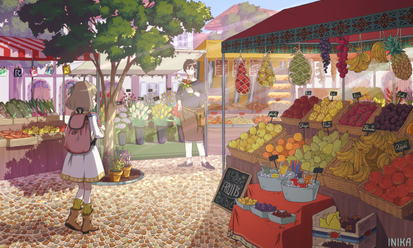 1boy 1girl ^_^ ahoge apple artist_name backpack bag banana blush brown_hair closed_eyes closed_mouth day facing_another flower food fruit highres holding holding_flower inika looking_at_another orange original outdoors pear pineapple plant potted_plant short_hair sign smile tree