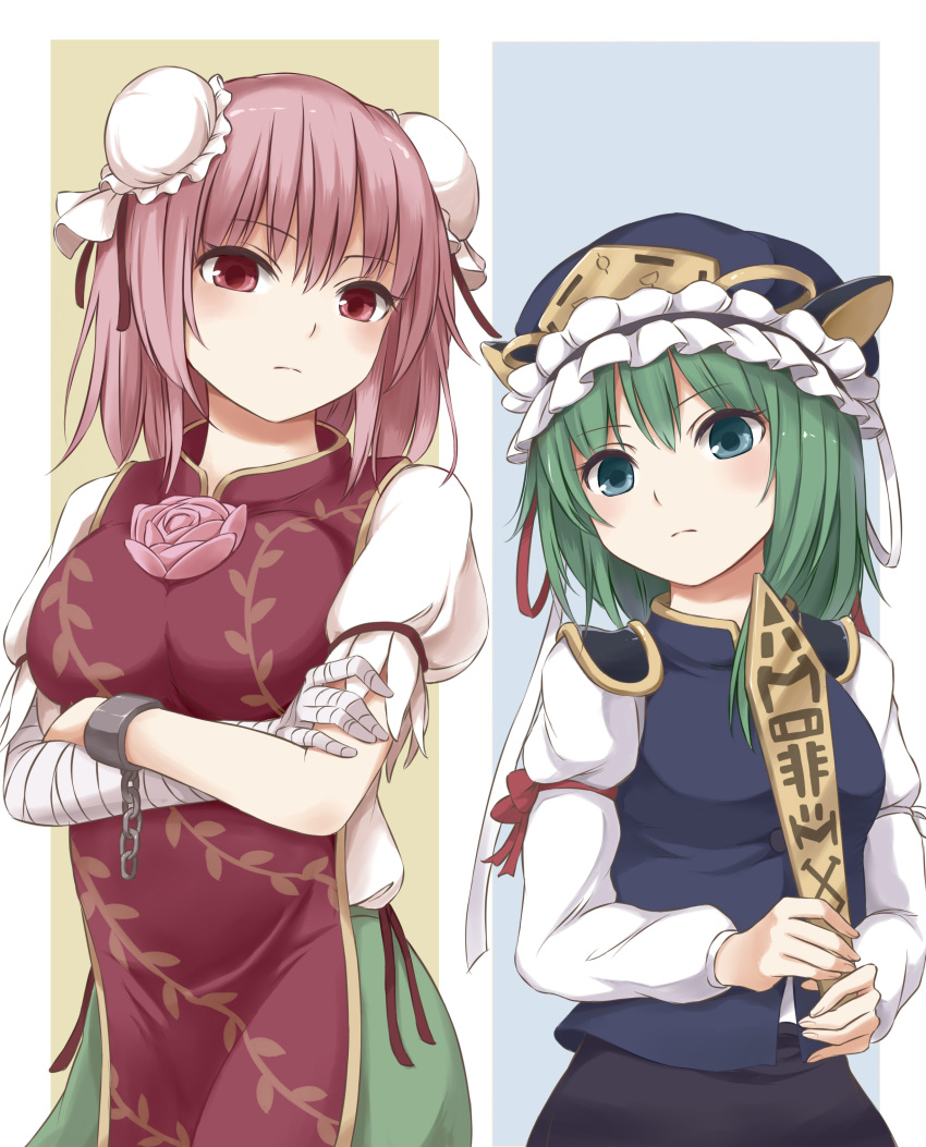 2girls absurdres bandage bandaged_arm black_skirt blue_background blue_hat blue_vest blush breasts bun_cover commentary_request crossed_arms cuffs double_bun epaulettes eyebrows_visible_through_hair flower frilled_hat frills green_eyes green_hair green_skirt hat hat_ribbon highres holding ibaraki_kasen juliet_sleeves large_breasts long_sleeves looking_at_viewer medium_breasts multiple_girls pink_eyes pink_flower pink_hair pink_rose puffy_short_sleeves puffy_sleeves red_ribbon ribbon rod_of_remorse rose shackles shiki_eiki short_hair short_sleeves skirt standing tabard techi_(techi35499) touhou upper_body vest white_background white_ribbon yellow_background
