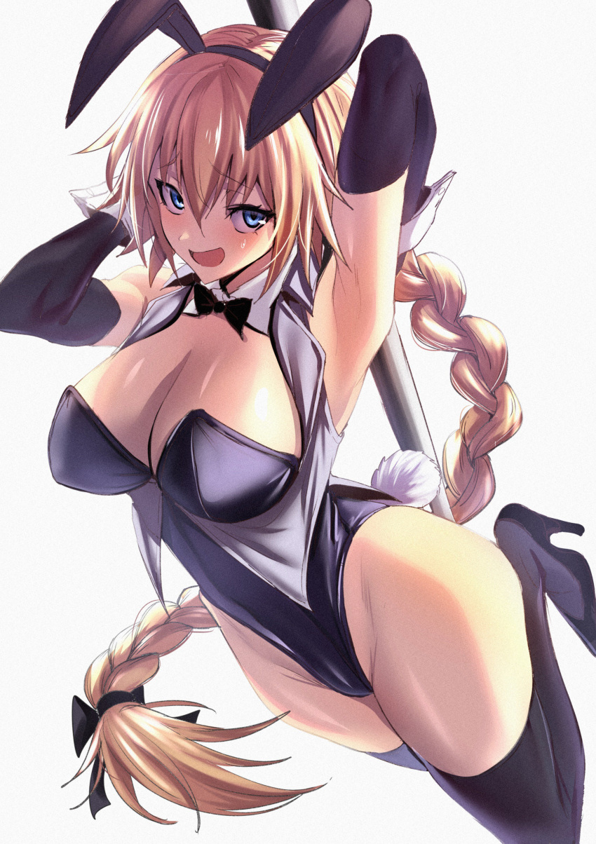 1girl absurdres animal_ears armpits backlighting bare_shoulders black_gloves black_legwear black_leotard blonde_hair blue_eyes bow bowtie braid breasts bunny_girl bunny_tail bunnysuit cleavage commentary_request detached_collar elbow_gloves eyebrows_visible_through_hair fake_animal_ears fate/apocrypha fate/grand_order fate_(series) gloves hair_ribbon high_heels highres jeanne_d'arc_(fate) jeanne_d'arc_(fate)_(all) large_breasts leotard long_braid open_mouth pole pole_dancing ribbon single_braid solo strapless strapless_leotard stripper_pole tail thigh-highs thighs ulrich_(tagaragakuin) wrist_cuffs
