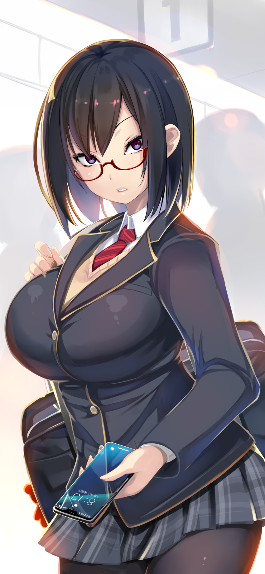1girl absurdres black_hair blazer bob_cut breasts cellphone glasses highres jacket large_breasts looking_at_viewer necktie original phone pleated_skirt school_uniform shiki_(psychedelic_g2) short_hair skirt smartphone solo thigh-highs violet_eyes