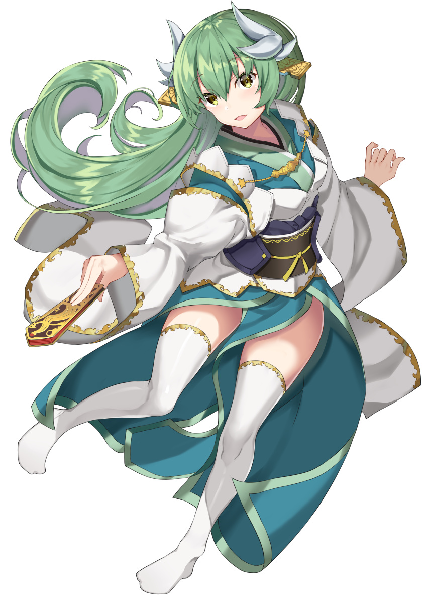 1girl :d absurdres akae_neo fan fate/grand_order fate_(series) floating_hair full_body green_eyes green_hair highres holding holding_fan horns kiyohime_(fate/grand_order) long_hair obi open_mouth sash simple_background smile solo thigh-highs very_long_hair white_background white_legwear