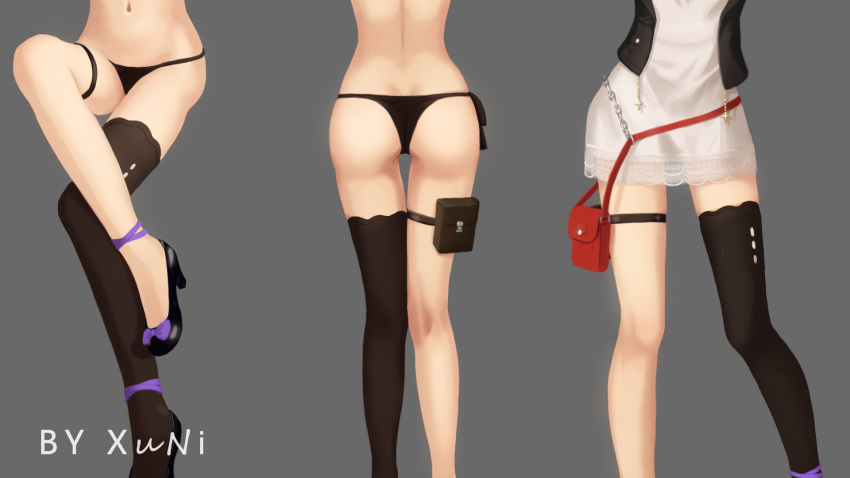 1girl artist_name ass bag black_footwear black_legwear chains cropped_jacket dress fal_(girls_frontline) girls_frontline grey_background highres legs legs_crossed multiple_views navel puch pumps simple_background single_thighhigh skindentation solo standing stomach thigh-highs thigh_strap thighs titting white_dress xu_ni