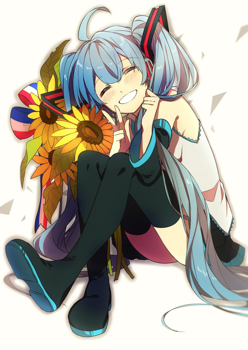 1girl ahoge bare_shoulders black_footwear blue_hair blush boots closed_eyes commentary_request detached_sleeves facing_viewer flower grey_shirt hands_up hatsune_miku head_tilt highres legs_crossed long_hair long_sleeves shirt sitting sleeveless sleeveless_shirt smile sogawa solo sunflower thigh-highs thigh_boots thighs twintails very_long_hair vocaloid w