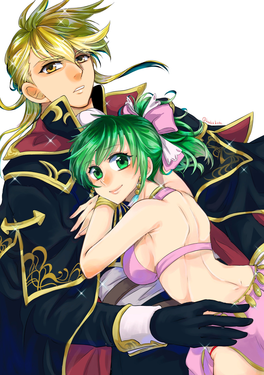 1boy 1girl absurdres aless_(fire_emblem) artist_request back black_cape black_capelet black_gloves blonde_hair bow bracelet breasts cape capelet choker collar collared_cape couple cravat earrings fire_emblem fire_emblem:_seisen_no_keifu gloves green_eyes green_hair hair_bow hetero highres jewelry large_breasts leen_(fire_emblem) lips long_hair looking_at_viewer parted_lips pink_bow ponytail shoulder_pads sideboob sidelocks smile sparkle yellow_eyes