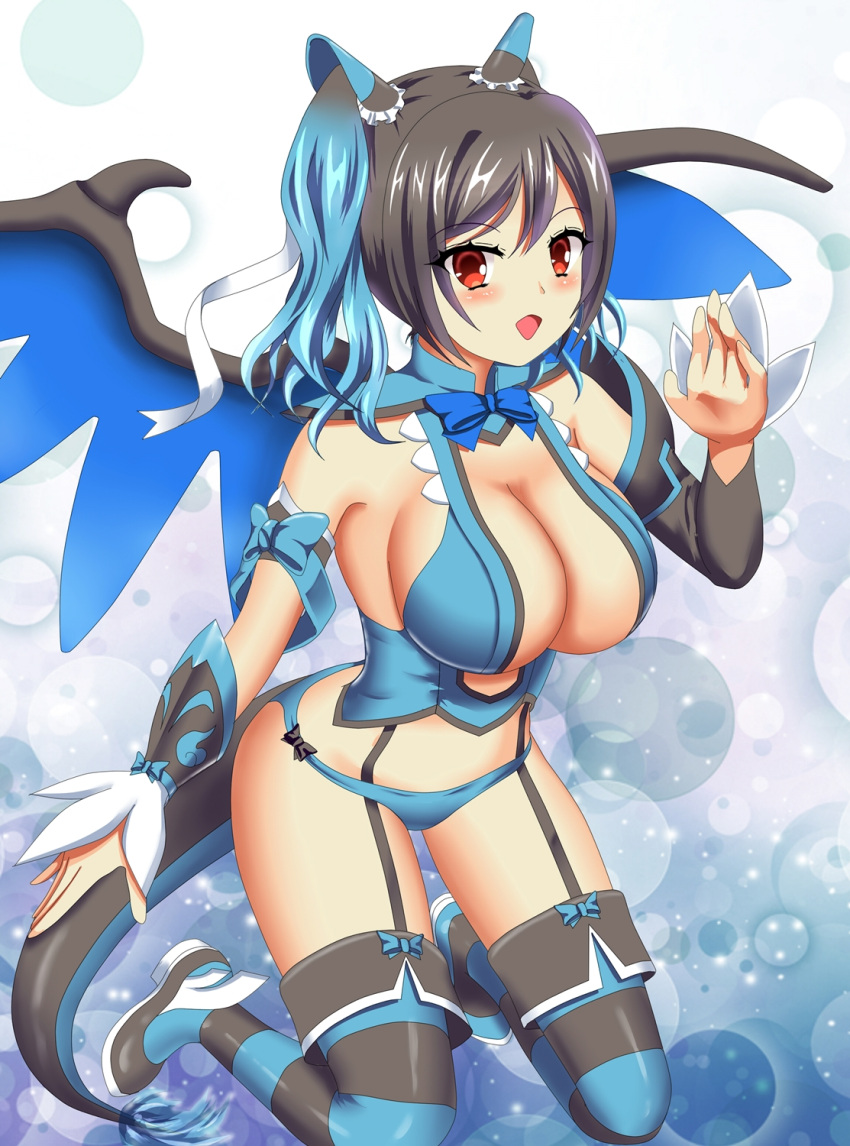 :o bad_hands black_hair blue_background blue_bow blue_hair blue_panties blush bow breasts garter_belt garter_straps gradient_hair highres large_breasts medium_hair mega_charizard_x multicolored_hair panties personification pokemon red_eyes revealing_clothes striped striped_legwear tail thigh-highs twintails underwear wings yukimura_chisa
