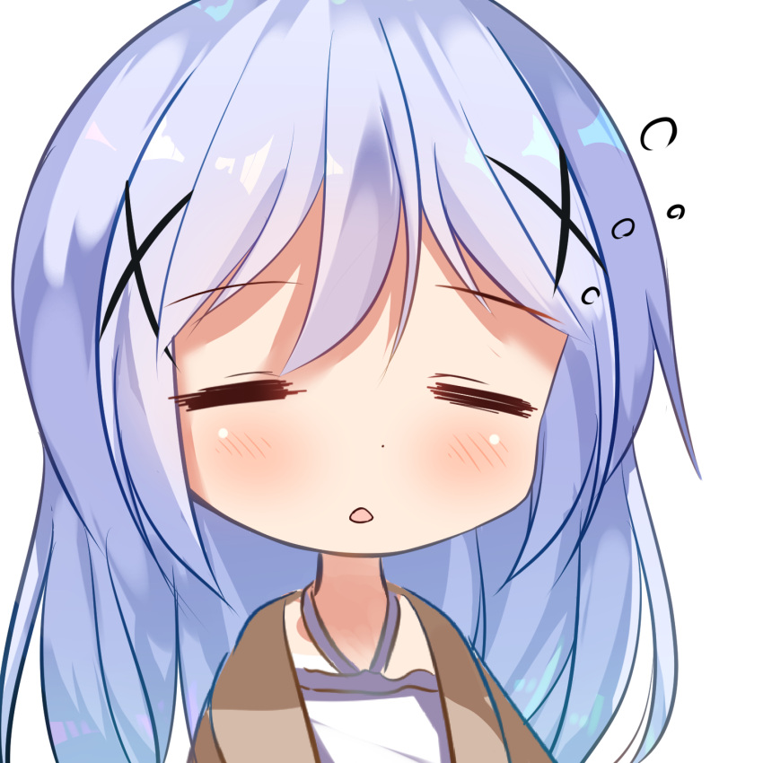 1girl =_= bangs blue_eyes blue_hair blush brown_jacket chinomaron closed_eyes dress eyebrows_visible_through_hair facing_viewer gochuumon_wa_usagi_desu_ka? hair_between_eyes hair_ornament halterneck highres jacket kafuu_chino long_hair parted_lips simple_background solo white_background white_dress x_hair_ornament