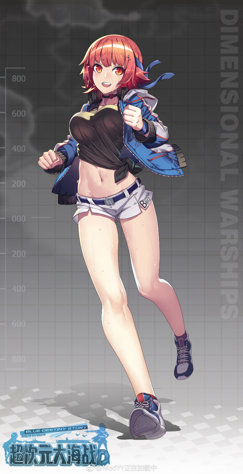 1girl :d absurdres breasts choker copyright_request full_body headband highres hood hooded_jacket hoodie jacket large_breasts madyy midriff navel open_clothes open_jacket open_mouth red_eyes red_legwear redhead shirt shoes short_hair short_shorts shorts smile sneakers socks solo tied_shirt wet wristband
