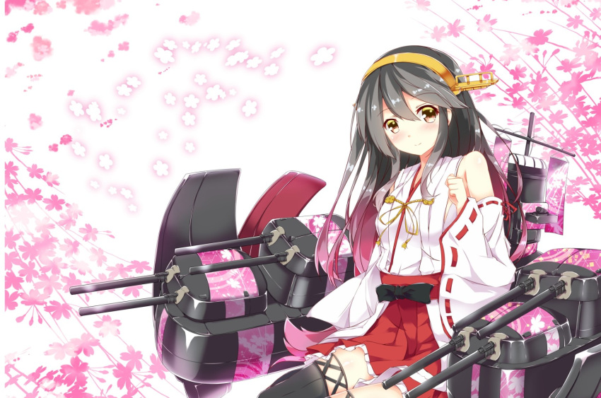 1girl black_bow black_hair bow brown_eyes detached_sleeves floral_background fuuna hairband hakama hakama_skirt haruna_(kantai_collection) highres japanese_clothes kantai_collection pleated_skirt red_skirt skirt smile solo weapon yellow_hairband