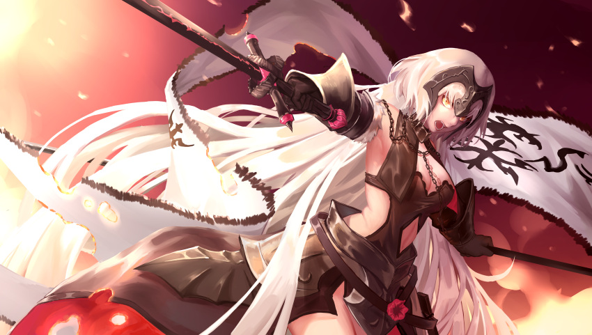 1girl absurdly_long_hair absurdres armor armored_dress banner black_dress black_gloves chains dress fate/grand_order fate_(series) floating_hair gloves highres holding holding_sword holding_weapon jeanne_d'arc_(alter)_(fate) jeanne_d'arc_(fate)_(all) long_hair luciaz navel navel_cutout open_mouth silver_hair sleeveless sleeveless_dress solo sword very_long_hair weapon yellow_eyes