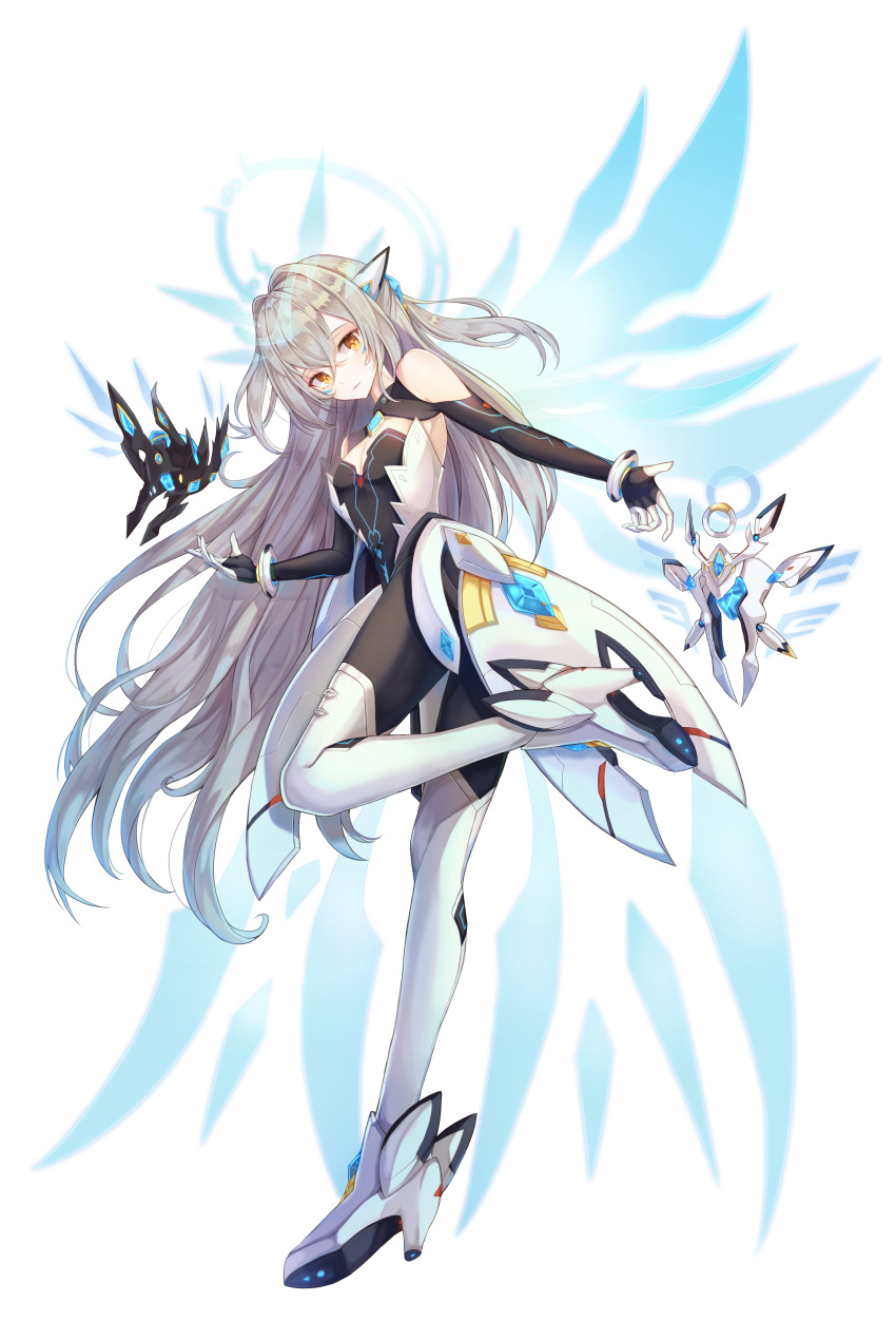 1girl absurdres bangs boots breasts brown_eyes choker cleavage code:_sariel_(elsword) elsword eve_(elsword) floating_hair gloves hair_between_eyes high_heel_boots high_heels highres long_hair looking_at_viewer minyumim one_leg_raised silver_hair simple_background small_breasts solo standing standing_on_one_leg strapless very_long_hair white_background