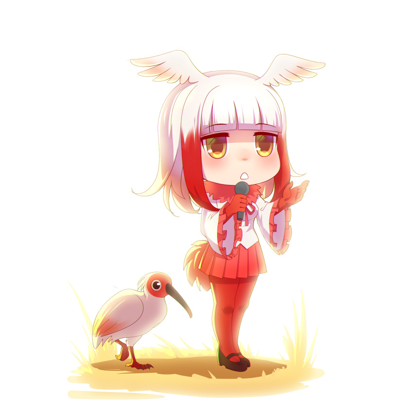 1girl 2804281484 absurdres animal bangs bird bird_tail black_footwear blonde_hair blunt_bangs chibi eyebrows_visible_through_hair frilled_sleeves frills fur_collar gloves gradient_hair heart highres holding holding_microphone japanese_crested_ibis japanese_crested_ibis_(kemono_friends) kemono_friends long_hair long_sleeves microphone multicolored_hair pantyhose pleated_skirt red_gloves red_legwear red_skirt shirt shoes simple_background skirt solo white_background white_hair white_shirt wide_sleeves