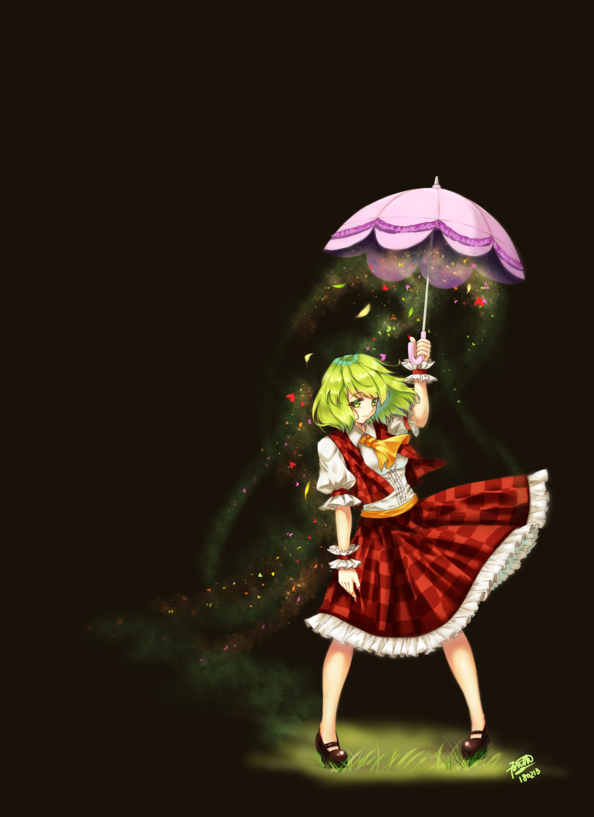 1girl absurdres arm_at_side arm_up ascot black_background collared_shirt dated dress_shirt eyebrows_visible_through_hair flower forth_(forthtin) frilled_skirt frills full_body green_eyes green_hair highres holding kazami_yuuka legs_apart light_particles mary_janes parasol petals pigeon-toed plaid plaid_skirt plaid_vest puffy_short_sleeves puffy_sleeves red_skirt red_vest shirt shoes short_hair short_sleeves signature simple_background skirt skirt_set solo standing touhou umbrella vest white_shirt wing_collar wrist_cuffs yellow_neckwear